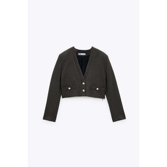 NWT ZARA Crop Blazer with Gold Buttons XS Dark Gray - Picture 5 of 12